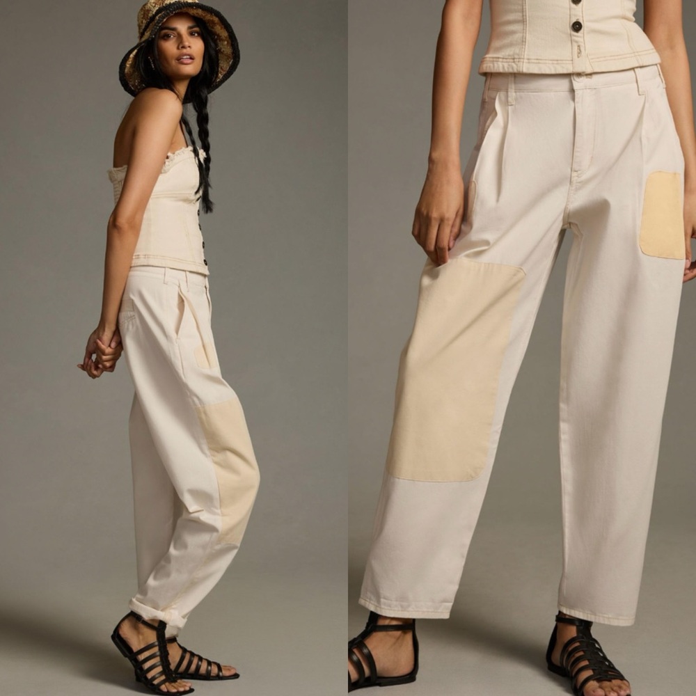 Anthropologie Pilcro Rolled Hem Utility Patch Chinos Barrel Pants, Beige, Sz. 32